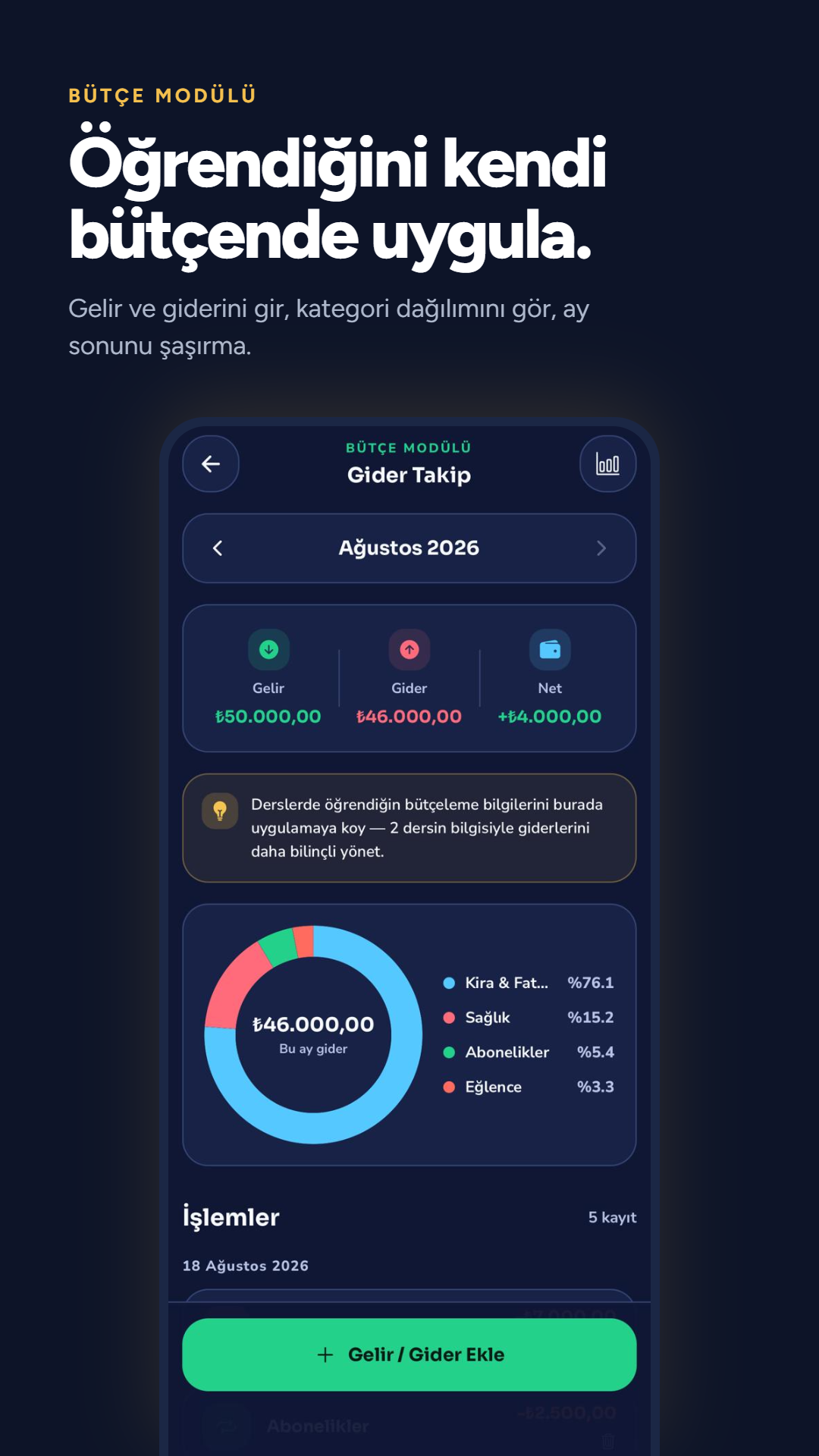 MoneyMap Gider Takip — öğrendiğini kendi bütçende uygula