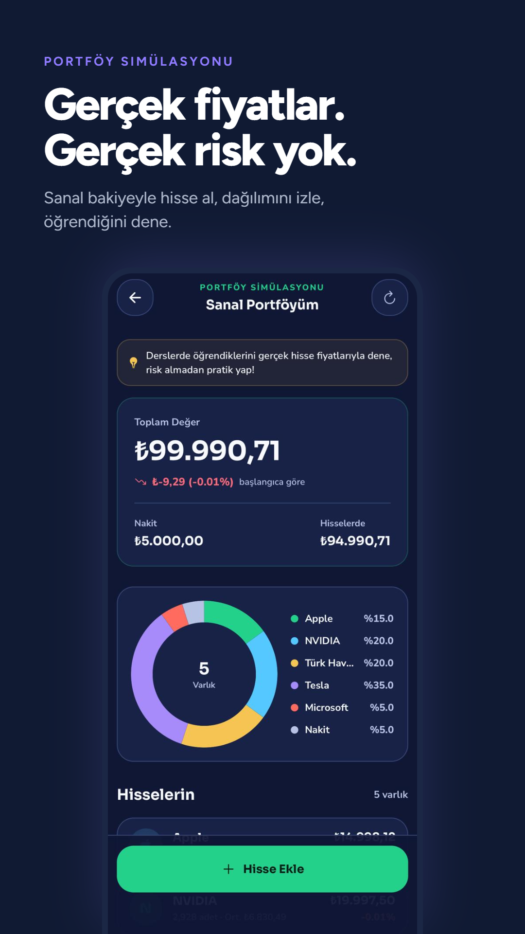 MoneyMap Sanal Portföy — gerçek fiyatlar, gerçek risk yok