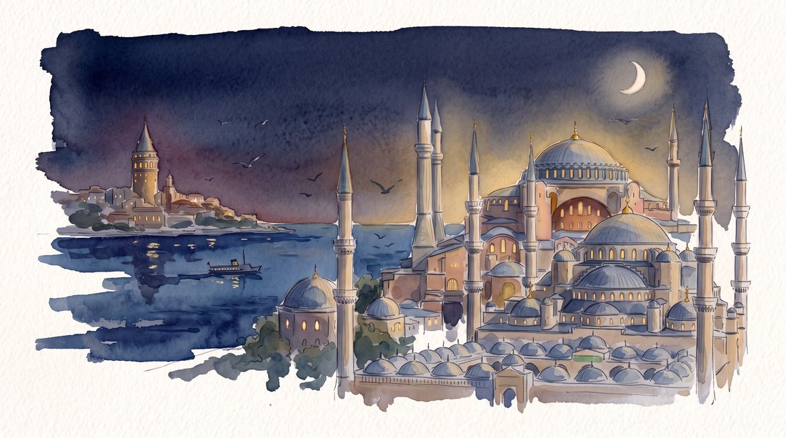 Sulu Boya teması, gece — İstanbul